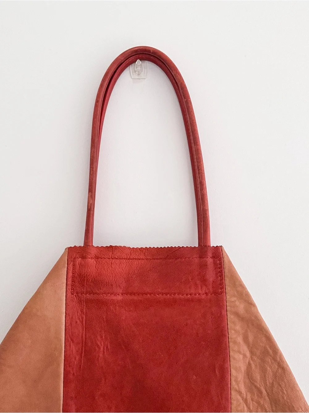 Banana Republic Leather Tote Color Block Tan & Red Patchwork Shoulder Bag - Picture 12 of 15